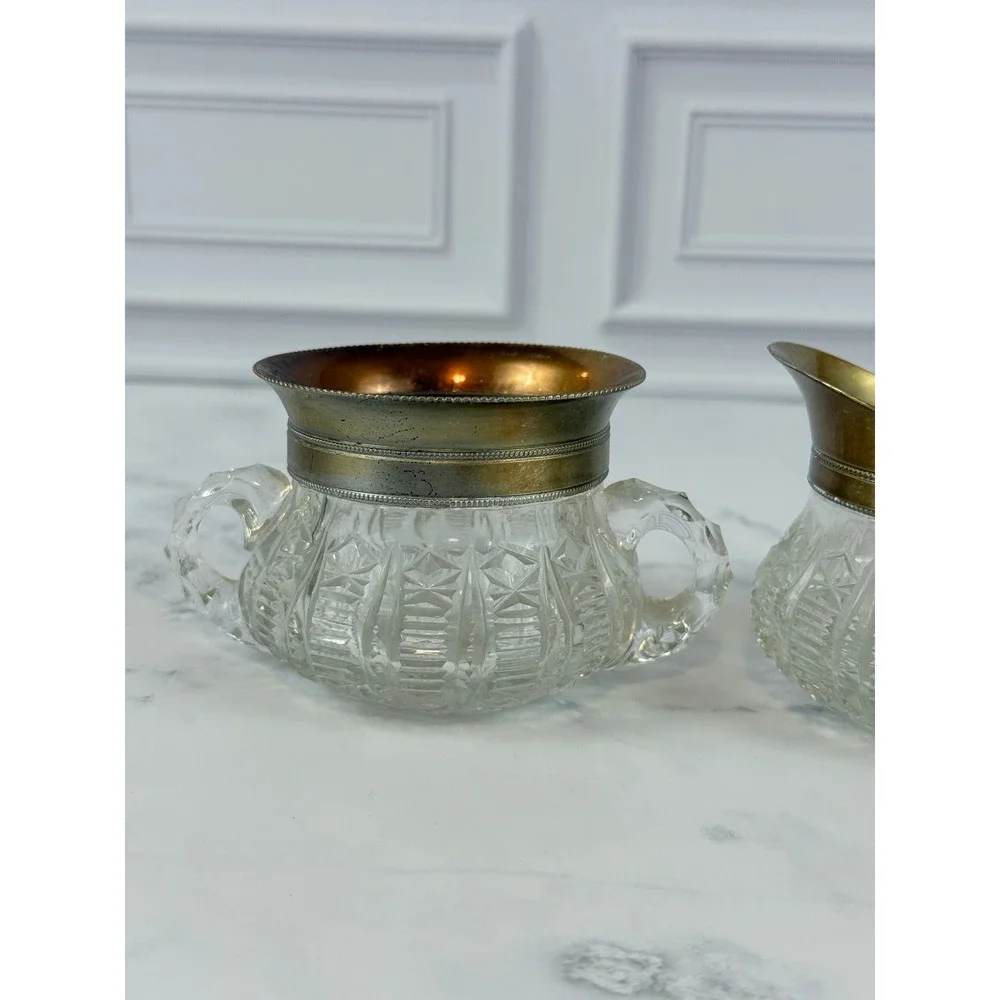 VTG American Brilliant Period Cut Glass Metal Edge Sugar and Creamer